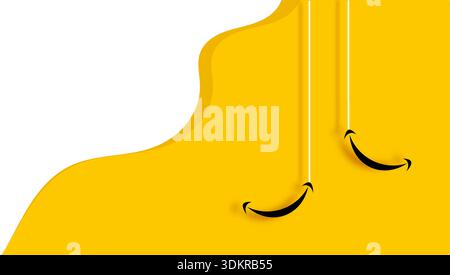 Musical notes with smile icons and drum on a vibrant yellow wavy background. Stock Vector