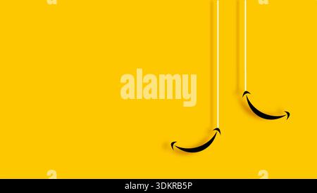 Musical notes with smile icons and drum on a vibrant yellow wavy background. Stock Vector