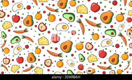 Seamless healthy food pattern with avocado, egg, cheese, and vegetables. Colorful vector illustration of organic ingredients and fresh produce Stock Vector