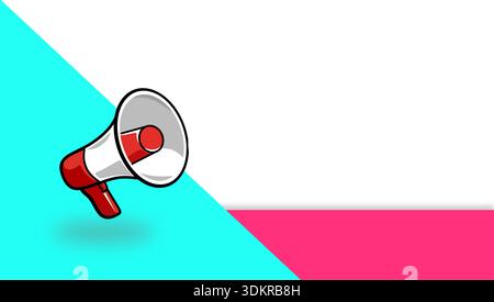 Modern megaphone icon on cyan, pink, and white geometric background. Minimalist vector illustration for digital marketing Stock Vector