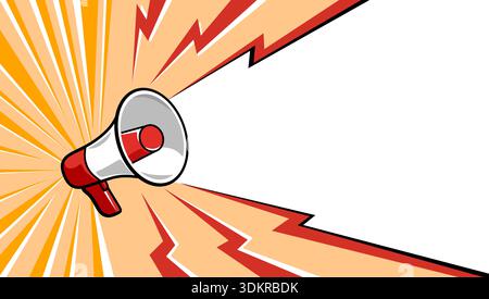 Red and white megaphone with lightning bolts and sunburst on white background. Dynamic vector illustration for marketing announcements Stock Vector