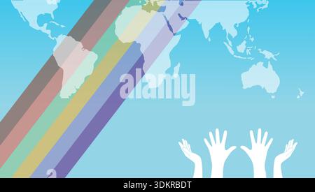 Global unity concept with world map, colorful rainbow stripes, and raised hands. Vector illustration for international peace Stock Vector