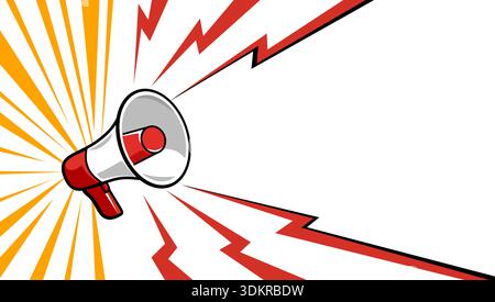 Red and white megaphone with lightning bolts and sunburst on white background. Dynamic vector illustration for marketing announcements Stock Vector