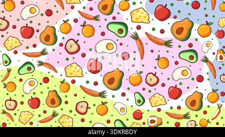Seamless healthy food pattern with avocado, egg, cheese, and vegetables. Colorful vector illustration of organic ingredients and fresh produce Stock Vector