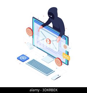 Isometric Hacker Stealing Data Through Phishing Email. Phishing Email and Online Scam Concept Stock Vector