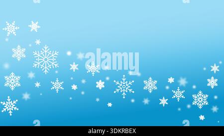 White snowflakes falling on a soft blue gradient background. Minimalist winter vector illustration with blurred snow effects, and bokeh light Stock Vector