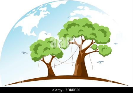 Green trees with a globe background and flying birds. Vector illustration of forest conservation, global ecology, and environmental protection concept Stock Vector