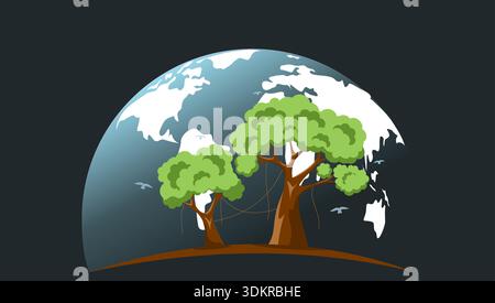Green trees with a globe background and flying birds. Vector illustration of forest conservation, global ecology, and environmental protection concept Stock Vector