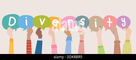 Colorful diversity concept with raised hands holding speech bubbles forming the word diversity, representing inclusion, equality, and multicultural Stock Vector