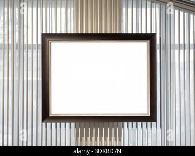 Empty square picture frame mockup on modern window blinds wall, ideas for showcasing artwork, posters, or branding designs in a clean, minimal, and co Stock Photo