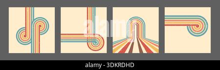 Stripe rainbow groovy. Set of Modern beige square backdrops with playful geometric shapes and arches. Retro or futuristic design. Vector illustration Stock Vector