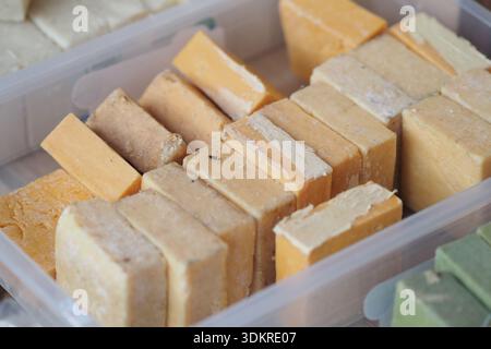Different kinds of homemade soap in a clear box Stock Photo