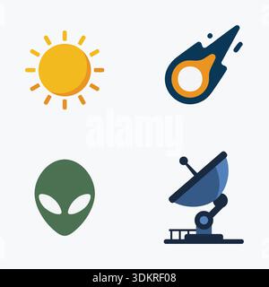 A clean, minimalist illustration featuring four space-themed icons: a bright sun, a flying comet, an alien head, and a satellite dish, representing as Stock Vector