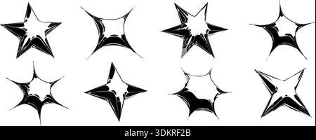 Black y2k stars abstract shapes in 3d inflated style. Techno star design element collection. Grunge balloon icon set for poster, banner, collage, flyer, streetwear, party print. Vector urban bundle Stock Vector