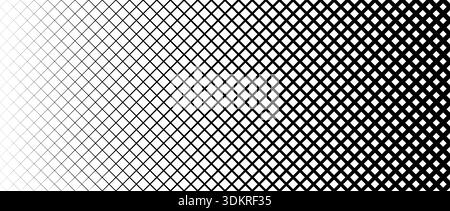 Thick to thin grid pattern gradient. Fading net gradation texture background. Black repeating mesh backdrop for overlay, cover, banner, poster. Vanishing overlapping lattice wallpaper. Vector Stock Vector