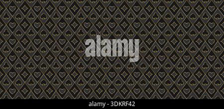 Dark grey playing cards pattern background. Retro poker or casino table theme wallpaper. Golden outline vintage spades, hearts, diamonds, clubs symbols backdrop. Vegas gambling concept texture. Vector Stock Vector
