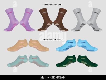 Professional Grip Socks Tech Pack Design Template Featuring Detailed Technical Drawings Stock Vector