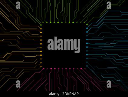 Colorful circuit board lines abstract futuristic tech drawing on black background. Vector CPU chip digital art design Stock Vector