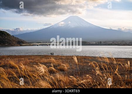 Mt Fuji in Japan, in afternoon light, seen from across lake Kawaguchi Stock Photo