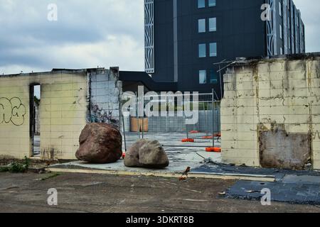 Palmerston North, Manawatu, New Zealand, January, 9th,  2026.  After Fire at The Fitz Building, the digger is called in to clear the site. Stock Photo
