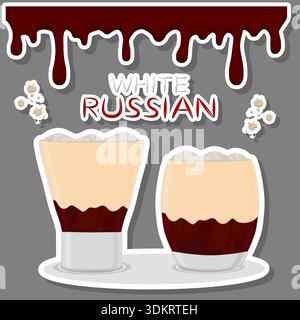 Illustration on theme of alcohol cocktail white russian from coffee, white russian pattern consisting of full glass cup with transparent cream cocktai Stock Vector