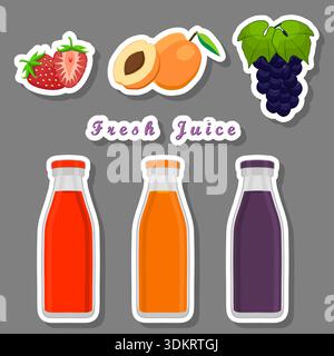 Illustration on theme of set multicolored bottles with tasty apricot juice, kit bottles consisting of liquid natural apricot juice, apricot juice in n Stock Vector