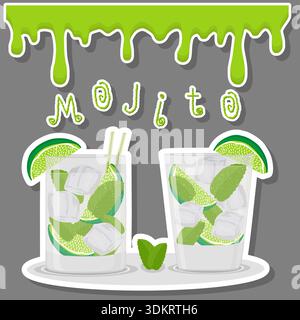 Illustration on theme of beautiful alcohol cocktail mojito, bright green mojito consisting of full glass cup with transparent cocktail and cubes of ic Stock Vector