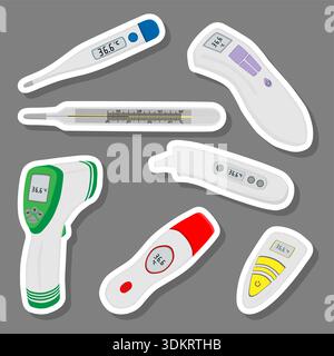 Illustration on theme set different types of thermometers for prevention coronavirus, thermometer consisting of med accessory with prevention coronavi Stock Vector