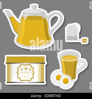 Illustration on theme set of teakettle for tasty tea with white chamomile, tea in teakettle near chamomile it collection accessory on kitchen, fresh s Stock Vector