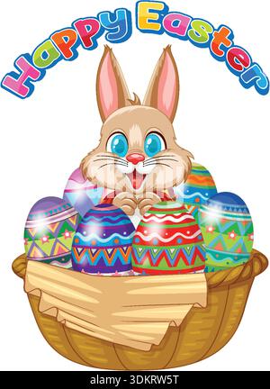 A cheerful brown rabbit sits inside a wicker basket filled with colorful patterned Easter eggs Stock Vector