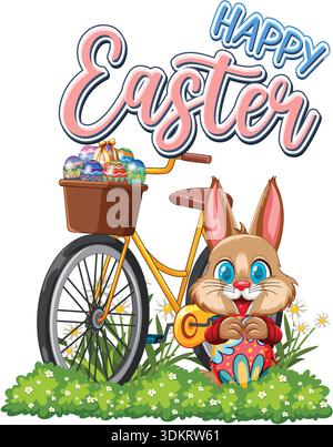 Cartoon bunny holds egg beside bicycle with basket of colorful eggs on white background Stock Vector