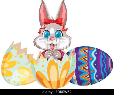 Cheerful grey rabbit with red bow emerges from colorful cracked egg on white background Stock Vector