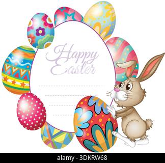 Vector illustration of a cartoon rabbit with decorated eggs around a white oval frame Stock Vector