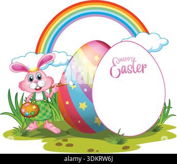 A cheerful pink rabbit artist paints colorful eggs in a grassy field under a rainbow Stock Vector