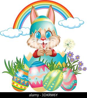 Cheerful rabbit character emerges from cracked eggshell surrounded by colorful Easter eggs and rainbow Stock Vector