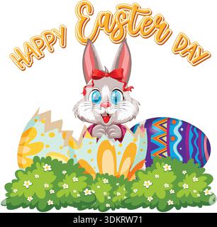 Cartoon rabbit with red bow emerges from broken eggshell near bushes on white background Stock Vector