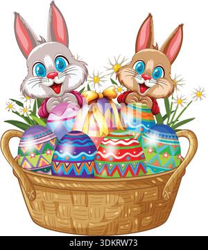 Vector illustration of smiling rabbits with decorated eggs and daisies in a woven basket Stock Vector