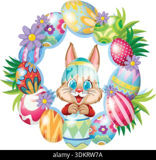A cartoon rabbit wearing an eggshell hat sits within a vibrant floral egg wreath Stock Vector