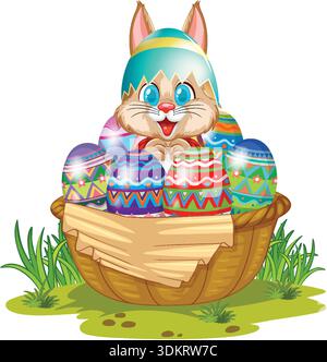 Vector illustration of a happy rabbit wearing an eggshell hat inside a woven basket Stock Vector