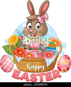 Vector illustration of a brown rabbit wearing pink clothes holding a drink inside basket Stock Vector