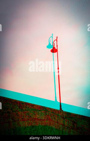 Minimalist urban scene featuring a street lamp with a red and cyan glitch effect, chromatic aberration and double exposure against a pastel sky, Stock Photo