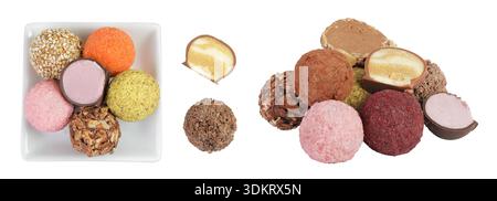A variety of different truffles in a ceramic bowl Isolated on a white background. Top view. Flat lay Stock Photo
