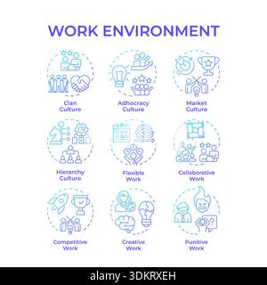 Work environment blue gradient concept icons Stock Vector