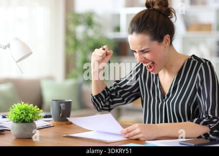 Excited self employed checking contract and celebrating success working at home Stock Photo