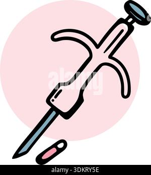 Pet microchip identification system icon with syringe and RFID capsule, veterinary medical procedure for dog and cat, vector doodle. Stock Vector