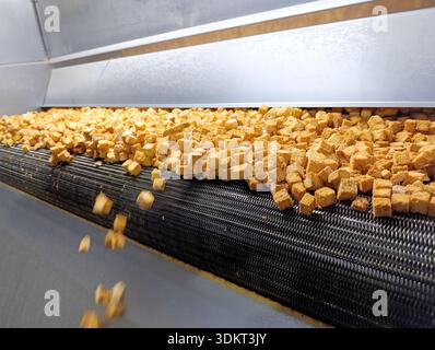 Cubed croutons moving on a conveyor belt in a food processing factory, industrial snack production line with metal machinery and motion blur. Stock Photo