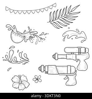 Songkran festival, sketch collection. Bowl with water and flowers, palm leaves and water guns, set isolated on white background. Happy water thai new Stock Vector