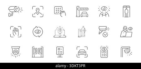 AI security and surveillance line icons set. Facial recognition, biometric access, smart monitoring. Control concept Stock Vector