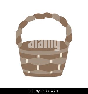 Illustration of a simple woven basket with a braided handle, featuring earth tone colors and a minimalist design on a white background. Stock Vector
