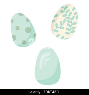 Illustration of three decorative easter eggs with pastel patterns including polka dots and leaves with soft colors on a white background Stock Vector